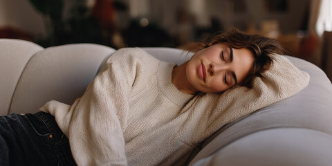 Woman sleeping peacefully on a sofa, wearing a beige sweater and dark pants, conveying serenity and relaxation