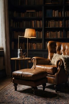 A leather chair with a footstool next to it in a library