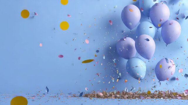 Colorful balloons burst and scatter confetti in joyful celebration at a festive event