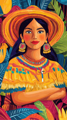 Vibrant Colombian Woman in Traditional Folkloric Dress and Hat Illustration