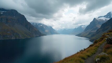High-quality photo of a scenic location in Norway at midday with cloudy skies, shot from a panoramic perspective.