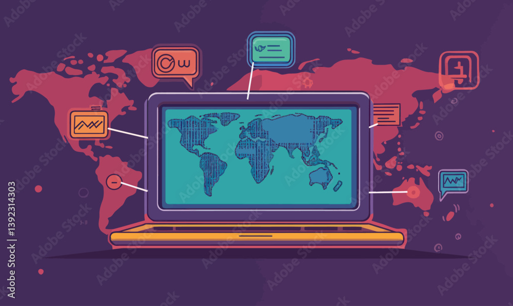 Poster laptop with global network and data visualization on digital world map