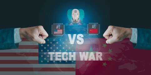 AI tech war Concept. battle of Artificial Intelligence Development  China and United States CPU computer quantum computing semiconductor industrial technology Investment Trade tariffs