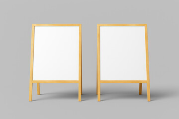 Two blank wooden easel board mockup on gray background. Perfect for branding, signage, or presentation design.