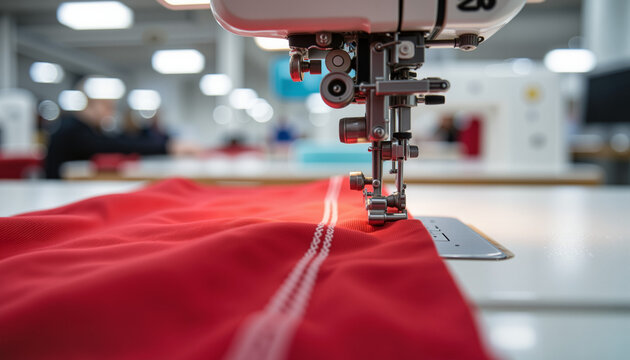 Industrial serger machine stitching red fabric in workshop, clothing production