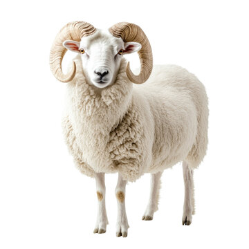 Majestic ram with large curled horns standing proudly in a natural setting isolated on transparent background, cutout png