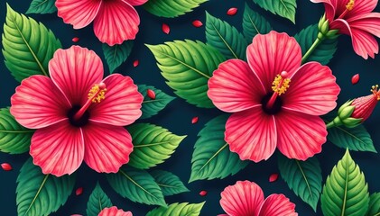 Bold tropical hibiscus & exotic foliage, vibrant seamless repeat, hawaii, pattern, red