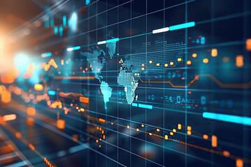 Obraz premium Digital world map with data visualization and vibrant lighting effects.