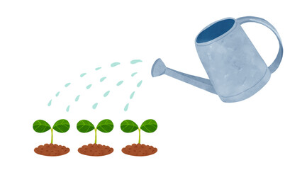 ブリキのジョウロと発芽した双葉　水彩風手描きイラスト © 梅つむぎ