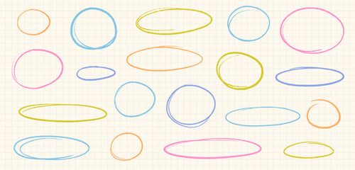 Vector Hand Drawn Crayon Oval Round Shape Set. Line Stroke Chalk Emphasis Circular Frames