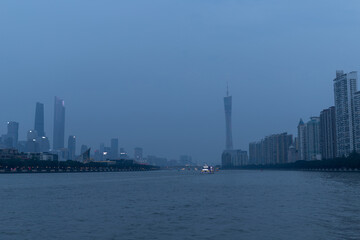 Night view of the landmark buildings on the Pearl River in Guangzhou, Guangdong, China