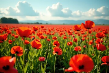 Bold poppy field, densely packed blooms, vibrant hues , blossom, poppy field, red