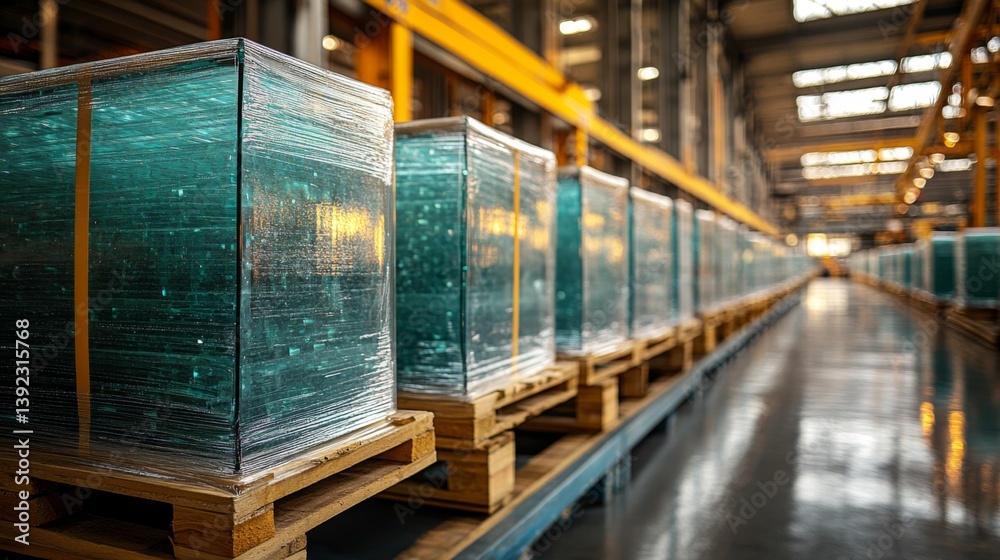 Aufkleber rows of large glass panels are neatly stacked on wooden pallets within a spacious manufacturing faci