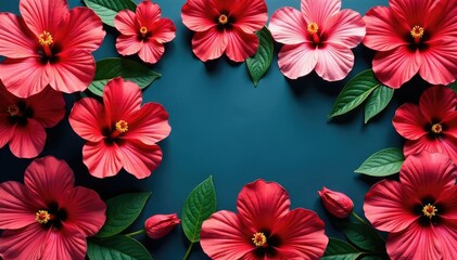 Bold hibiscus blossoms arranged in hexagonal tessellation , bright, hexagon, tropical