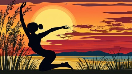 Silhouette of woman in yoga pose at sunset.