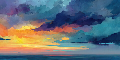 Anime ocean sunset, vibrant blue hour seascape, colorful clouds, scenic cartoon wallpaper background