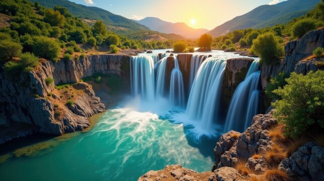 Polylimnio Waterfalls in Greece at dawn, under hot, sunny summer skies, captured from an elevated viewpoint.