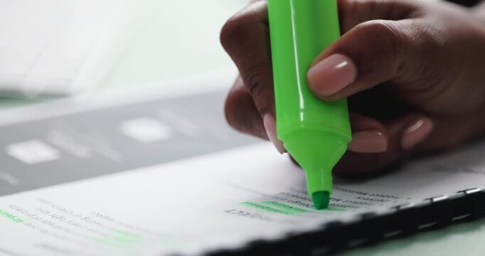 Documents, hands and highlighter with business person closeup in office for proofreading or reporting. Contact, legal and paperwork with professional employee at desk in workplace for review