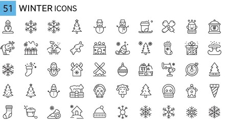 A collection of winter themed icons including snowmen snowflakes christmas trees and winter activities