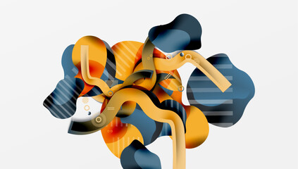 Abstract shapes overlap, creating dynamic composition. Orange, blue tones dominate. Lines, circles add visual interest. Modern design, vibrant colors.