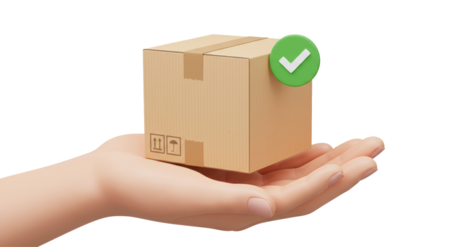 Isolated Hand Holding Shipping Box with Green Check Mark - Powered by Adobe
