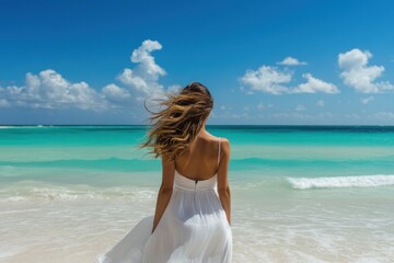 Beautiful Woman in White Dress Walking Toward Turquoise Ocean on Sunny Tropical Beach