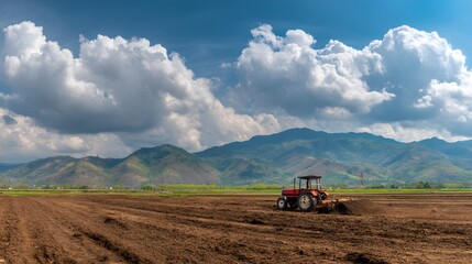 Fototapeta premium Red tractor plows fertile soil against mountain backdrop with white clouds, depicting spring farming in rural countryside landscape. 