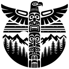 Native American Totem Symbol: Depicting intricate details, this graphic artwork showcases a traditional Native American totem pole, representing ancestral history, cultural heritage.