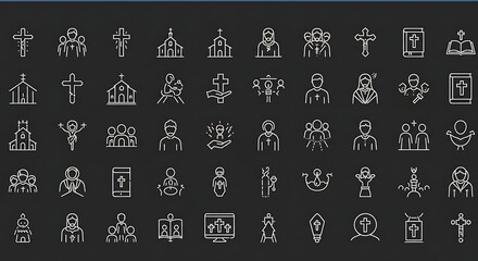 A collection of various christian icons displayed on a dark background in a simple line art style