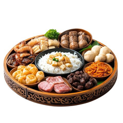 Delicious platter of assorted dumplings, meats, and rice on a wooden tray isolated on transparent background, cutout png