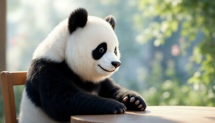 Fototapeta premium Panda Sitting at Table Outdoors Looking Thoughtful on a Sunny Day