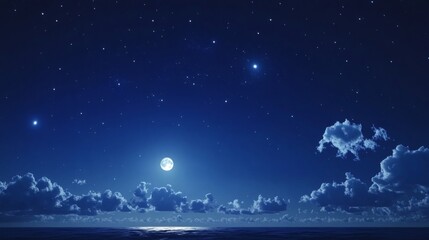 Fototapeta premium Night sky, ocean, moonlit cloudscape, serene seascape; perfect for travel or relaxation