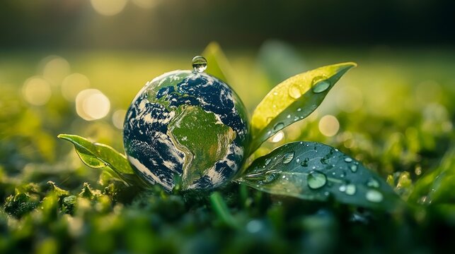 Globe with a drop of water on a leaf, symbolizing environmental awareness. Suitable for environmental campaigns, educational materials, nature blogs.