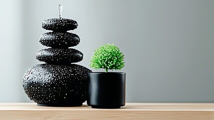Stone stack with droplets, potted green plant on wood table, against muted gray wall