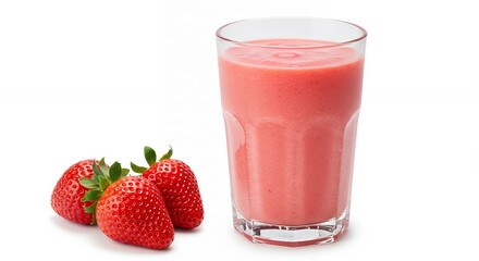 Refreshing Strawberry Smoothie in Glass with Fresh Berries on White