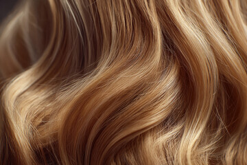 Fototapeta premium Close-up of light brown wavy hair texture showing strand details, suggesting smoothness and shine, representing beauty, health, and hair care