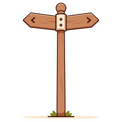 Simple cartoon illustration of a wooden signpost with two blank arrows pointing in opposite directions on a white background. Concept of choice, decision making, and guidance.