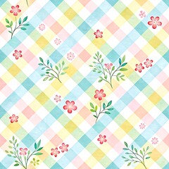 Pastel Floral Watercolor Gingham Pattern Seamless Design art cute soft pink blue print    