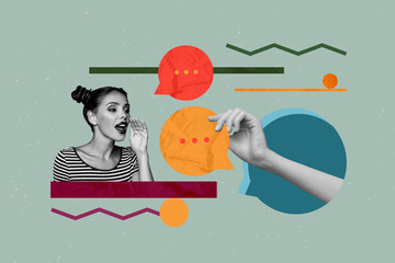 3d sketch poster trend collage of happy girl speak communication chat icon hand hold text box...