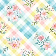Pastel Pink Floral Pattern Watercolor Gingham Design Spring Summer Textile art cute soft  