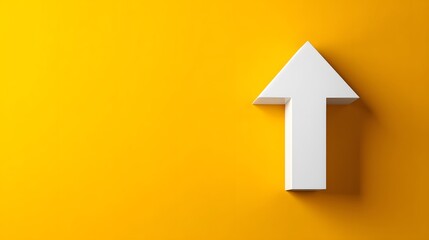 White upward arrow on vibrant yellow background symbolizes growth in minimalist 3D design with soft shadow and modern style.  