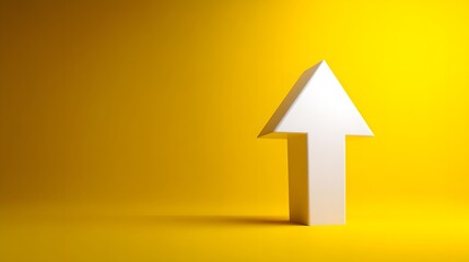 White upward arrow on vibrant yellow background symbolizes growth in minimalist 3D design with soft shadow and modern style.  