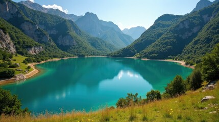 Stunning photo of Lac de Melu, France at midday with mild, sunny summer weather, shot from above.