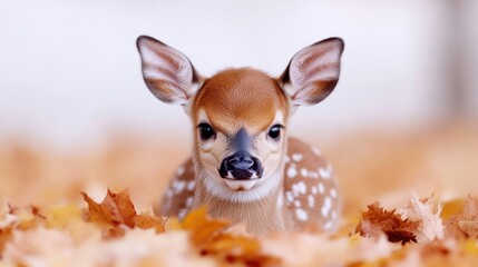 Adorable fawn nestled in autumn leaves