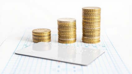 Payment power growth concept. Stacked coins and a credit card on a financial chart background.