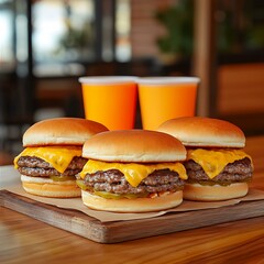 Three Cheeseburgers on a Table of excellence in splendor beyond compare with grace in style