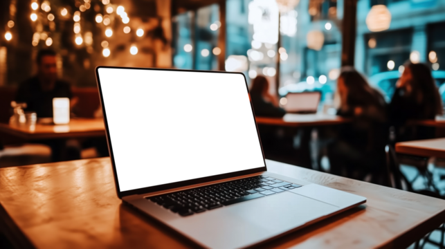Front side view to laptop placed on table. Laptop mockup with empty transparent png screen, blank template. Cozy evening cafe interior background