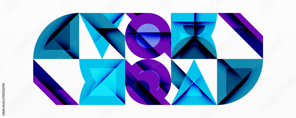 Poster Abstract geometric composition. Blue, purple shades form complex shapes. Triangles, curves create dynamic visual effect. Modern design, vibrant colors.
