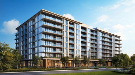 Artistic view of a stylish residential building with glass elements and a radiant blue sky in the background.