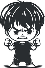 Obraz premium Monochrome cartoon illustration of an angry boy with fists raised in a bold stance.